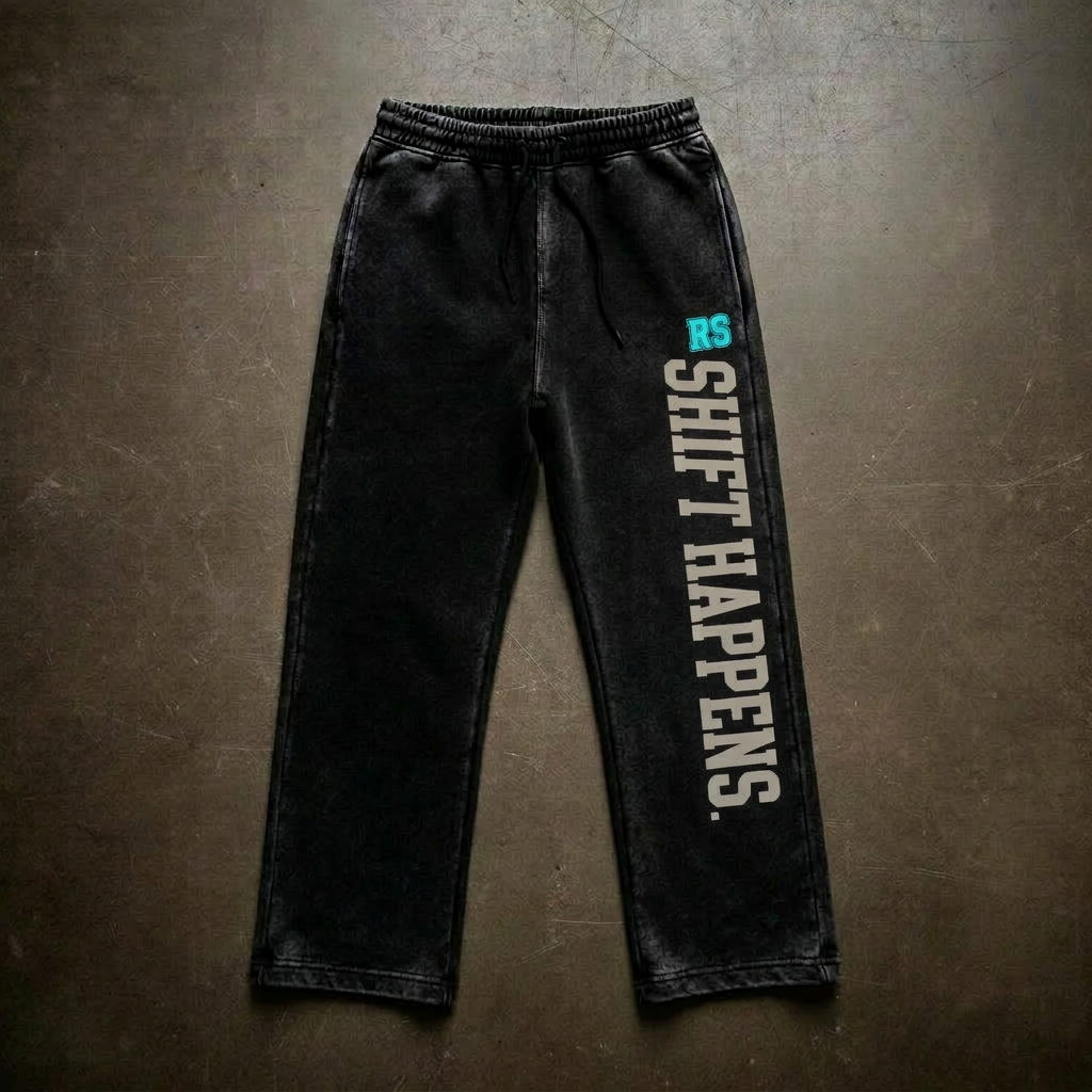 "Shift Happens" Acid-Wash Sweatpants